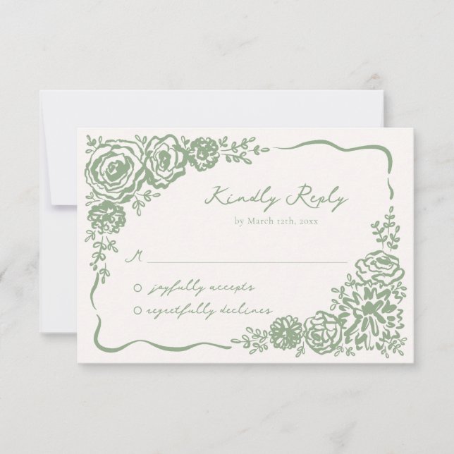 Cartão RSVP Casamento Verde de Sábio Whimsical desenhado à mão (Frente)