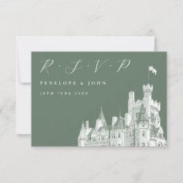 Cartão RSVP Casamento Verde de Sage, Castelo de Script Elegant