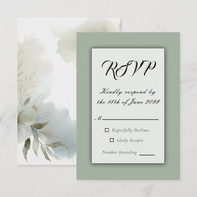 Cartão RSVP Casamento Verde de Sage Floral de Molho (Frente/Verso)