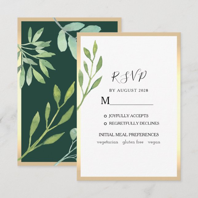 Cartão RSVP Casamento Verde de Watercolor Greenery Emerald (Frente/Verso)