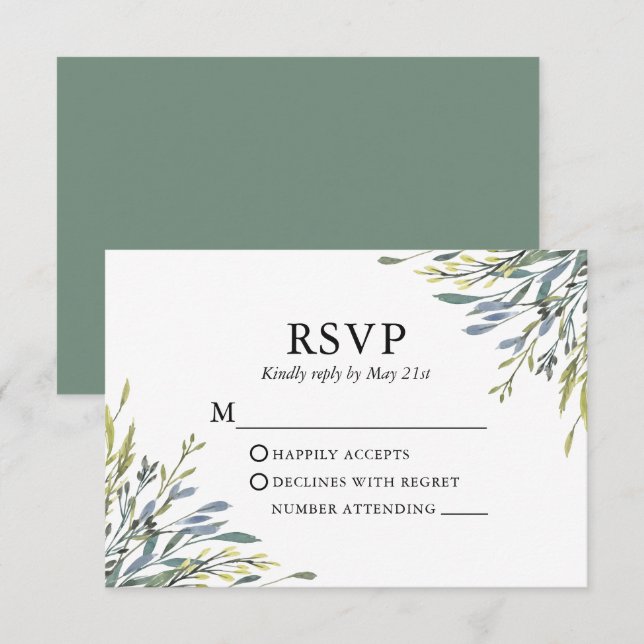 Cartão RSVP Casamento Verde Delicado de Watercolor Greenery Sa (Frente/Verso)