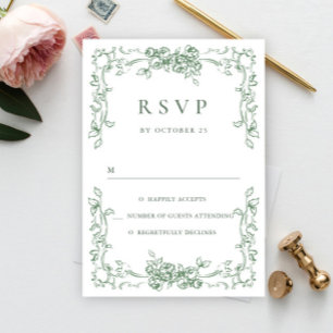 Cartão RSVP Casamento Verde do Ornamentado Floral Sage
