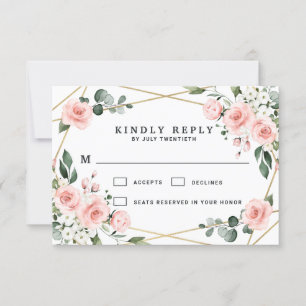 Cartão RSVP Casamento Verde Dourado e Branco-Cor-de-Rosa-Rosa