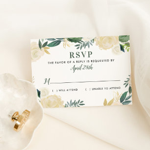 Cartão RSVP Casamento Verde Dourado Floral Greenerescente