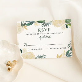 Cartão RSVP Casamento Verde Dourado Floral Greenerescente