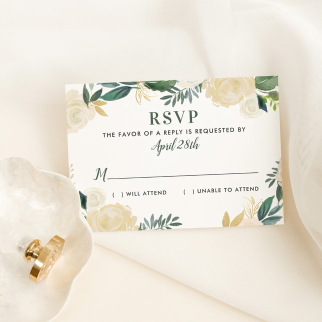 Cartão RSVP Casamento Verde Dourado Floral Greenerescente (Criador carregado)