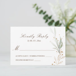 Cartão RSVP Casamento Verde Dourado Simples Verde de Aquarela