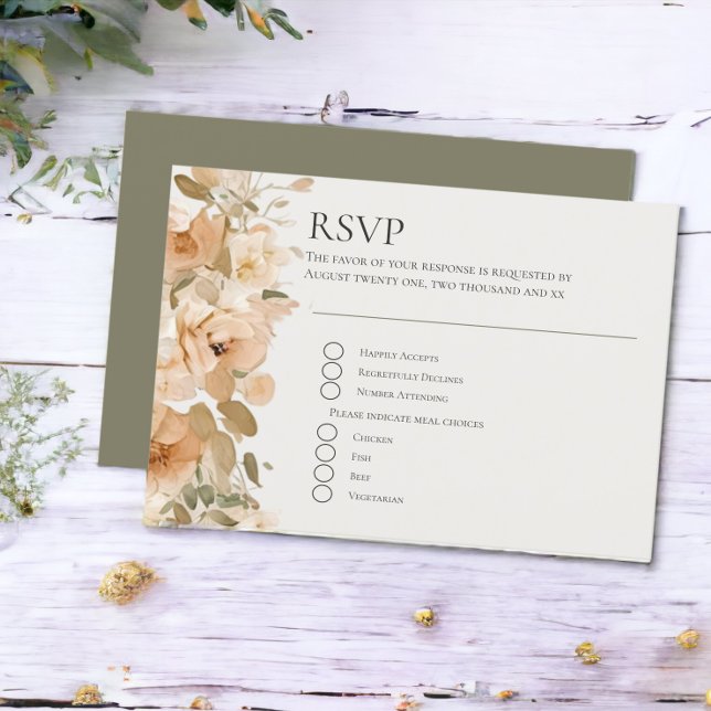 Cartão RSVP Casamento Verde E Flor De Pêssego (Muted Green And Peach Flower Wedding RSVP Card from Ricaso)