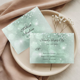 Cartão RSVP Casamento Verde Elegante Horizontal com Brilho Pra