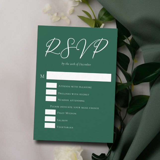 Cartão RSVP Casamento Verde Esmeralda com a Escolha da Refeiçã (Criador carregado)