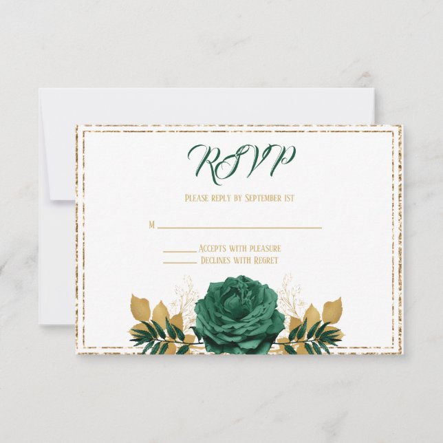 Cartão RSVP Casamento Verde Esmeralda e Dourado (Frente)