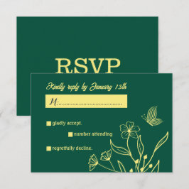 Cartão RSVP Casamento verde esmeralda romântico com flor de ou