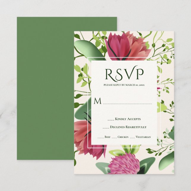 Cartão RSVP Casamento Verde Floral de Véu Rosa e Vermelho (Frente/Verso)