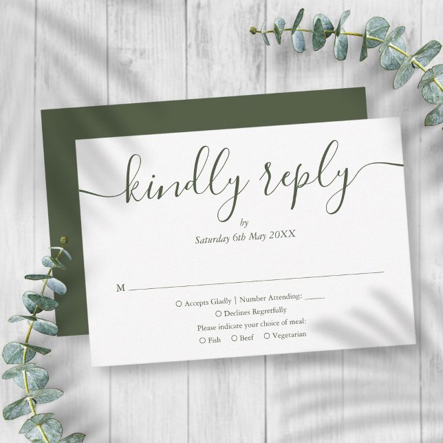 Cartão RSVP Casamento Verde-Oliva Simples De Script Elegante (Simple Elegant Script Olive Green Wedding RSVP Card)