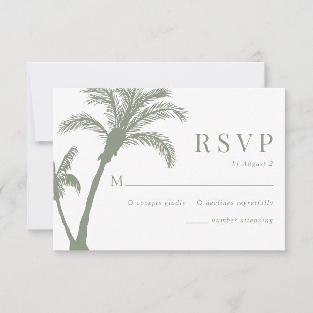 Cartão RSVP Casamento Verde Palm Tree Tropical Beach Sage (Frente)