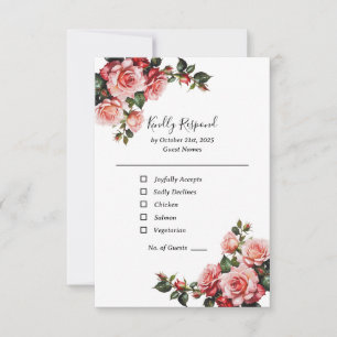 Cartão RSVP Casamento verde-rosa-escuro e rosa vermelha