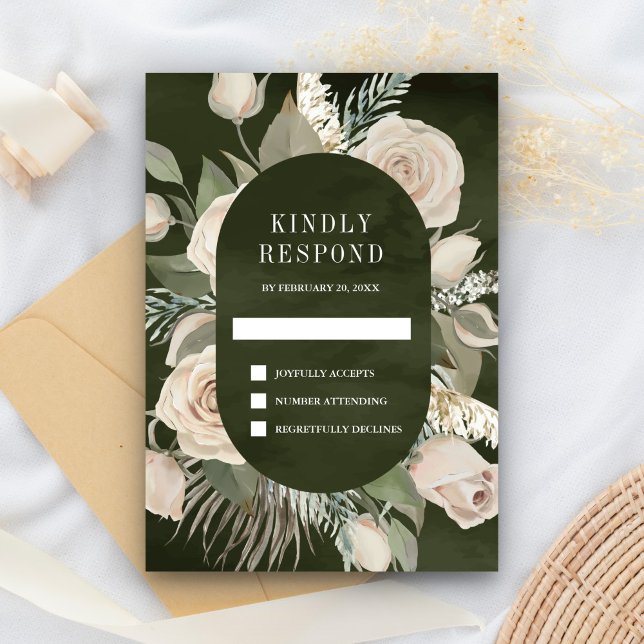 Cartão RSVP Casamento Verde Rustic Boho Ivory Rosa Dark Sage (Criador carregado)