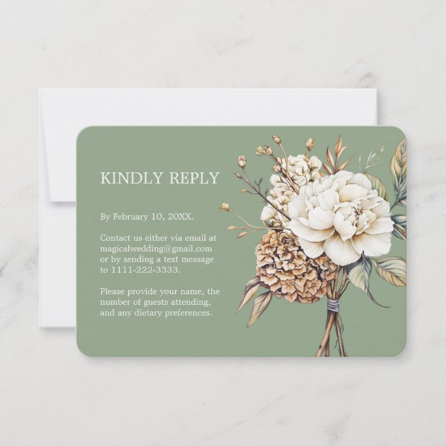 Cartão RSVP Casamento Verde Verde Moderno Peony & Hydrangea (Frente)