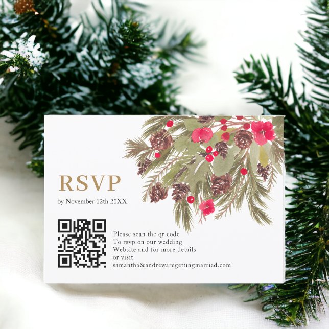 Cartão RSVP Casamento verde vermelho do pinheiro de inverno Rs (Winter pine elegance red green wedding Rsvp qr)