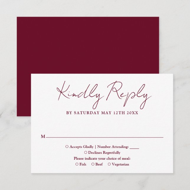 Cartão RSVP Casamento Vermelho de Borgonha com Script Elegante (Frente/Verso)