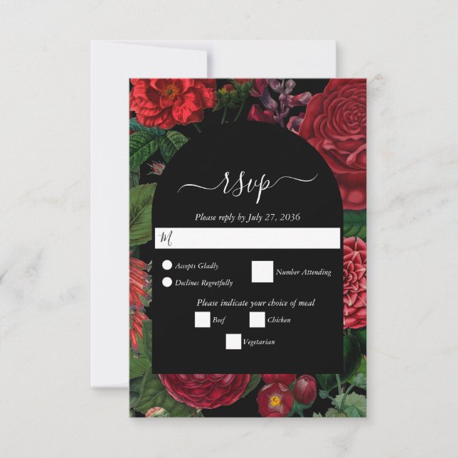 Cartão RSVP Casamento Vermelho de Moody Florals Black Arch (Frente)