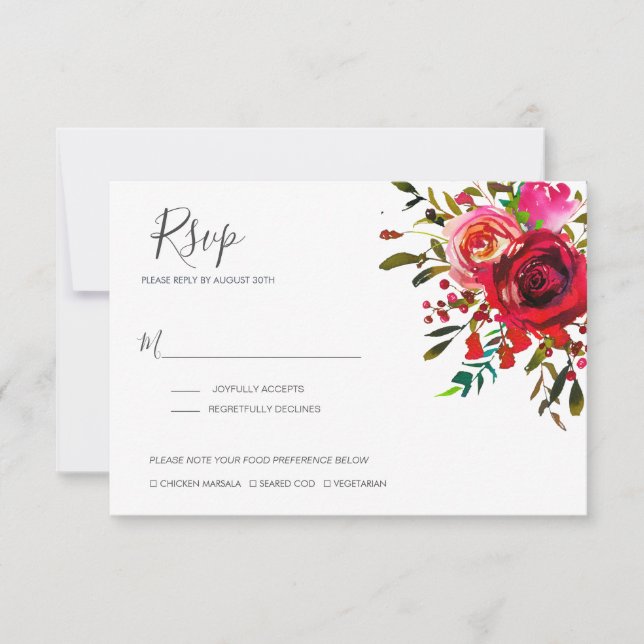 Cartão RSVP Casamento Vermelho Rosa Ruby Bonito (Frente)