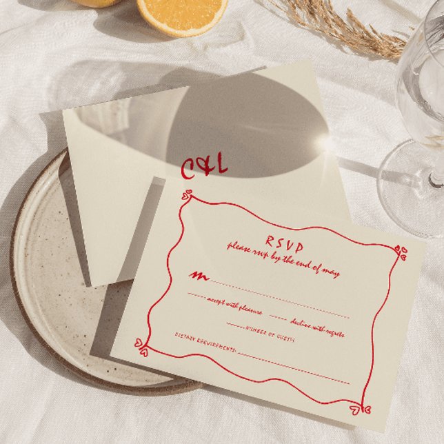Cartão RSVP Casamento Vermelho Whimsical Retro Manuscrito (Criador carregado)