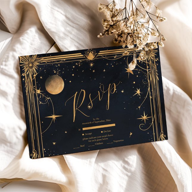 Cartão RSVP Casamento Vintage Celestial Lua Estrelas (Criador carregado)
