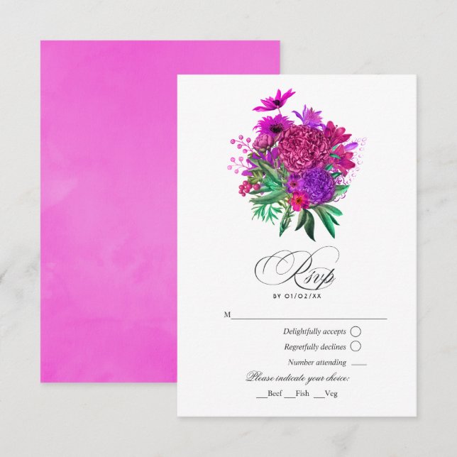 Cartão RSVP Casamento Vintage Chic Fuchsia e Roxo (Frente/Verso)