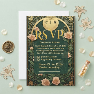 Cartão RSVP Casamento Vintage com Arco de Vinha em Ouro Suave