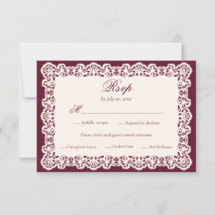 Cartão RSVP Casamento Vintage com Renda Marfim e Borgonha