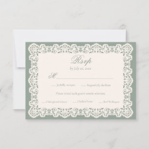 Cartão RSVP Casamento Vintage Marfim Renda Sage Verde Refeição