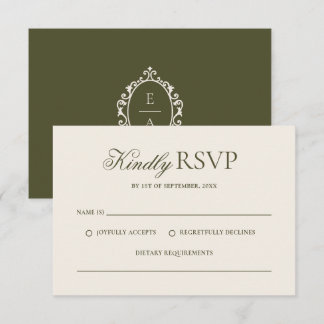 Cartão RSVP Casamento Vintage Oval Crest Azeitona Verde Dinhei