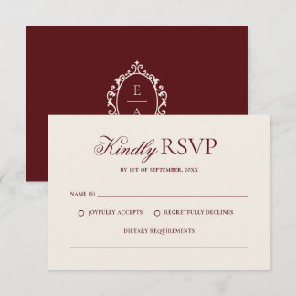Cartão RSVP Casamento Vintage Oval Crest Burgundy Vermelho Old
