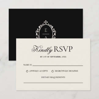 Cartão RSVP Casamento Vintage Oval Crest Preto Creme Dinheiro