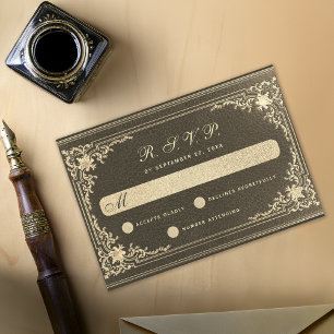 Cartão RSVP Casamento Vintage Preto Dourado Elegante Caligrafi