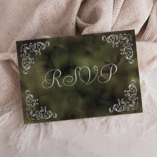 Cartão RSVP Casamento Vintage Silver Olive Green Watercolor