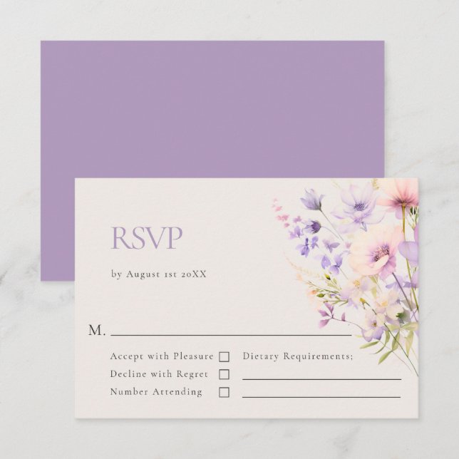 Cartão RSVP Casamento violeta com Lavanda de flores selvagens  (Frente/Verso)