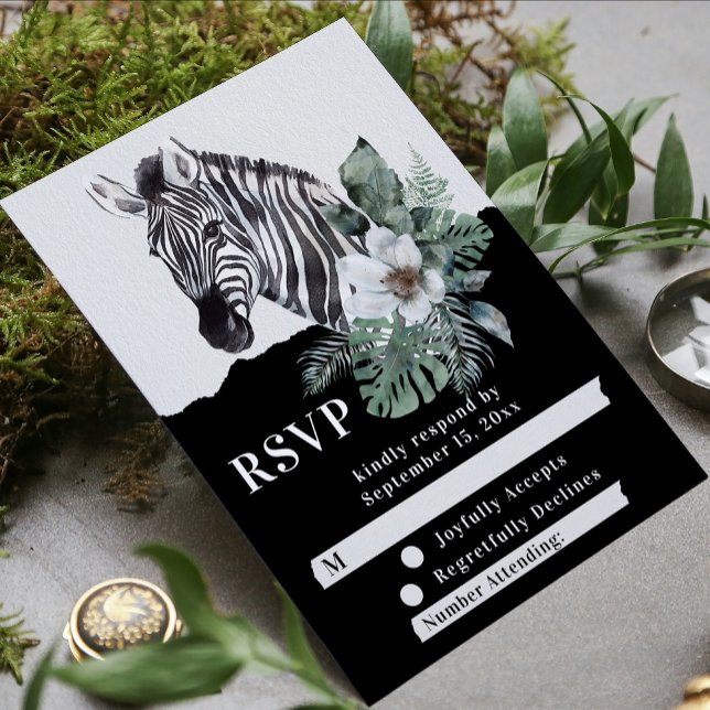 Cartão RSVP Casamento Watercolor Floral Wild Zebra Safari (Criador carregado)