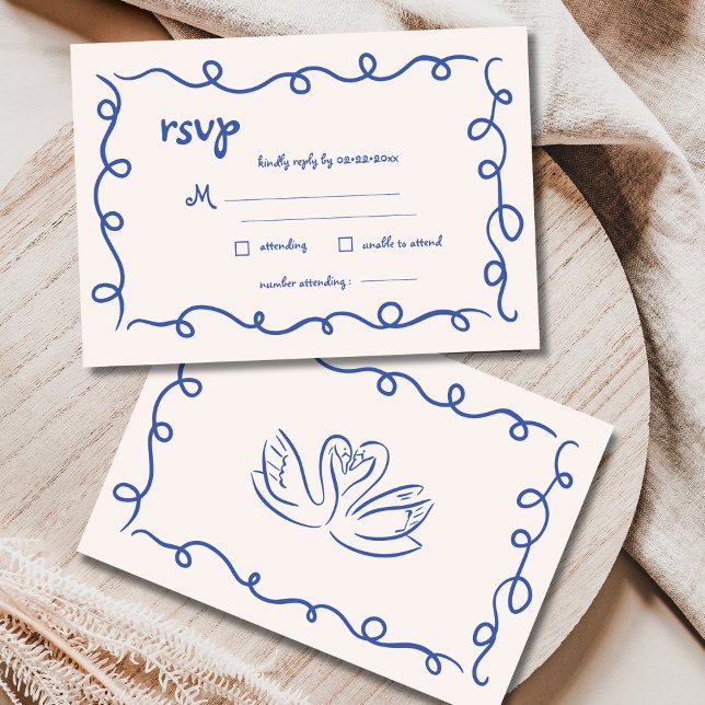 Cartão RSVP Casamento Whimsical Azul Francês com Desenho da Mã (Criador carregado)