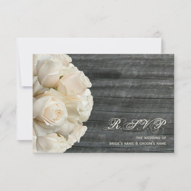 Cartão RSVP Casamento White Roses & Barnwood (Frente)