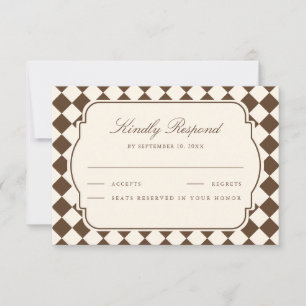 Cartão RSVP Casamento Xadrez Marrom Marfim Dinheiro Antigo Vin