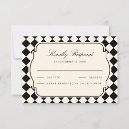 Cartão RSVP Casamento Xadrez Preto Marfim Dinheiro Antigo Vint