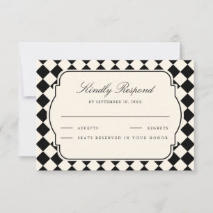 Cartão RSVP Casamento Xadrez Preto Marfim Dinheiro Antigo Vint