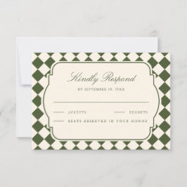 Cartão RSVP Casamento Xadrez Verde Oliva Marfim Dinheiro Antig