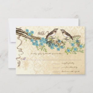 Cartão RSVP Casamentos de Pássaros Vintage Aqua e Navy Flor de