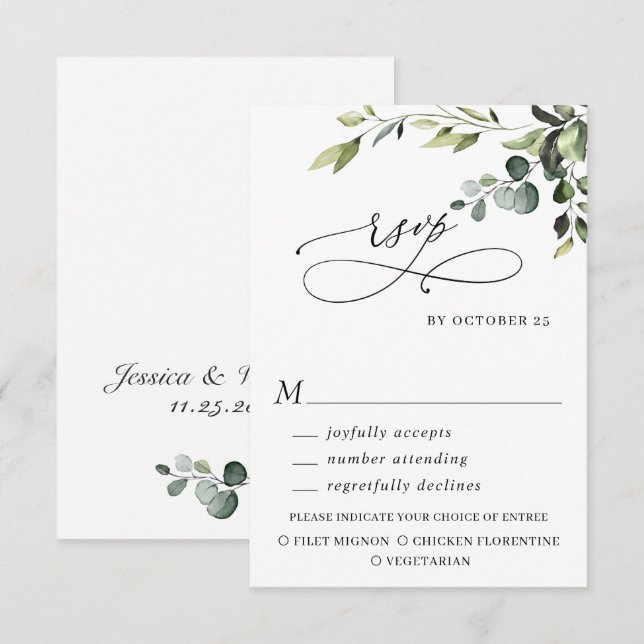 Cartão RSVP CASCA DE MEAL Eucalyptus Watercolor (Frente/Verso)