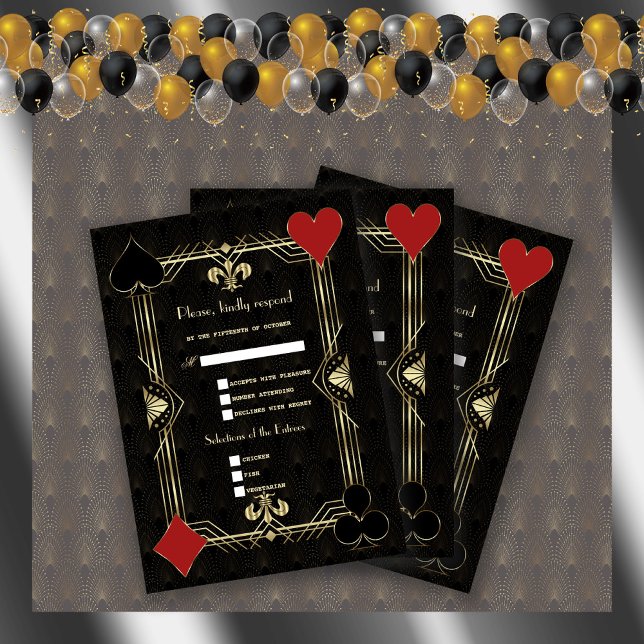 Cartão RSVP Casino Vegas Dourada Arte Negra Deco 20s Casamento (Criador carregado)