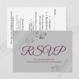 Cartão RSVP Cassis Purple em Casamento de rendas de prata eleg