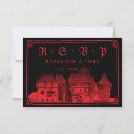Cartão RSVP Castelo Gótico de Vampiros Entrada Vermelha e Pret
